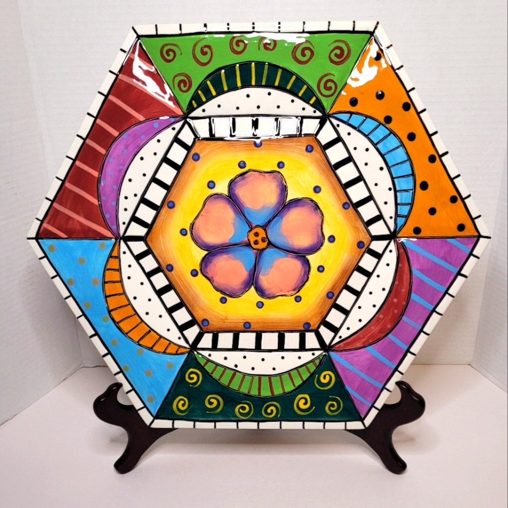Prospero Studio Designworks Whimsical Colorful Hexagon Flower Platter